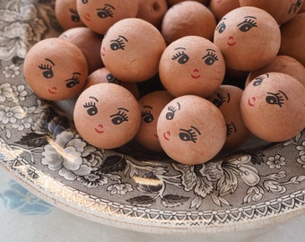 Brown Spun Cotton Heads: CHARM - 30mm Vintage-Style Cotton Doll Heads with Faces, 12 Pcs.