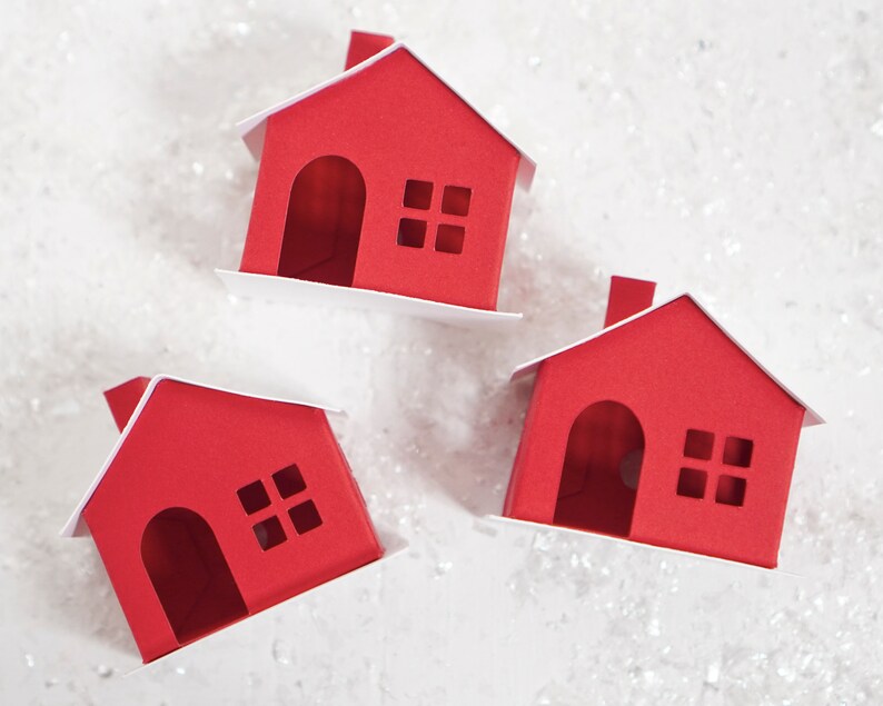 DIY Miniature Paper House Kit Set of 3 Flat-Pack Red Cardstock Christmas Putz Houses image 6
