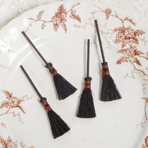 Miniature Witch Brooms - 4 Small Black Sisal Mini Halloween Hearth Brooms