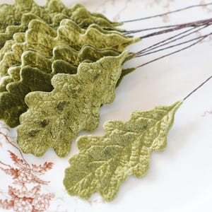 Velvet Oak Leaves - Moss Green Autumn Artificial Craft Leaf Stems, 10 Pcs.