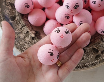 Pink Spun Cotton Heads: CHARM - 30mm Vintage-Style Cotton Doll Heads with Faces, 12 Pcs.