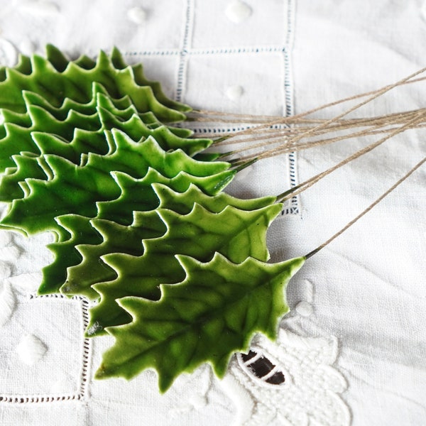 Holly Leaves - Vintage Style Lacquered Paper Holly Leaf Christmas Stems, 12 Pcs.