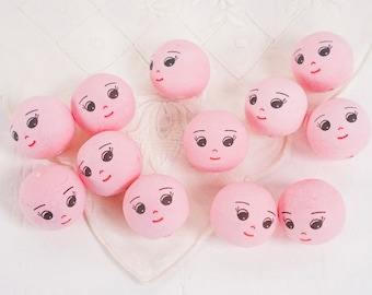 Spun Cotton Heads: DREAMER - 30mm Pink Doll Heads with Faces, 12 Pcs.