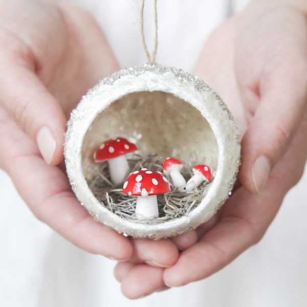 Diorama Christmas Ornament with Spun Cotton Mushrooms, Mica, and German Glass Glitter