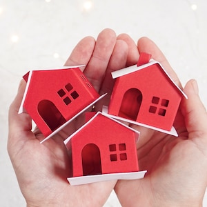 DIY Miniature Paper House Kit Set of 3 Flat-Pack Red Cardstock Christmas Putz Houses image 1