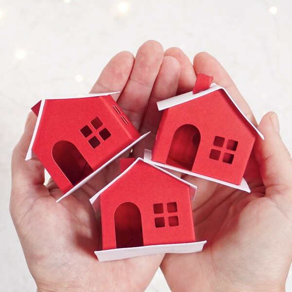 DIY Miniature Paper House Kit - Set of 3 Flat-Pack Red Cardstock Christmas Putz Houses