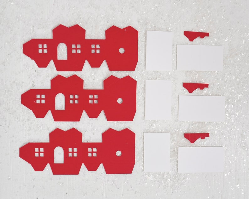 DIY Miniature Paper House Kit Set of 3 Flat-Pack Red Cardstock Christmas Putz Houses image 3