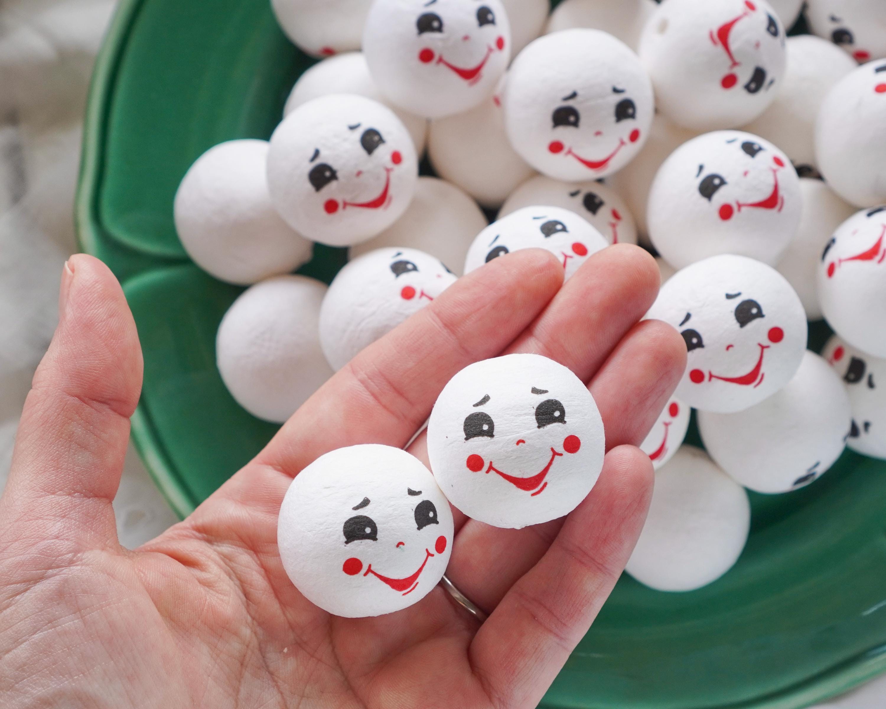 Spun Cotton Heads: FROSTY - 30mm Vintage-Style Jolly Snowman Heads with Faces, 12 Pcs.