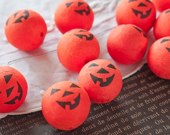 30mm Spun Cotton Heads: JACK O LANTERN - Vintage-Style Cotton Pumpkin Heads with Faces, 12 Pcs.