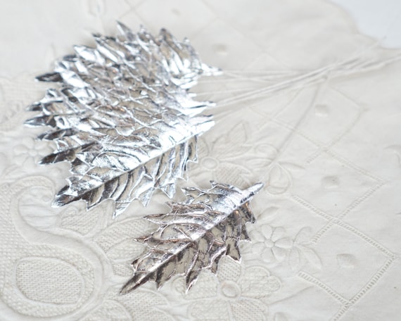 Silver Holly Leaves - Vintage Style Foiled Paper Christmas Craft Leaf Stems, 10 Pcs.