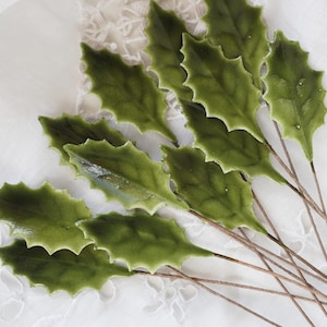 Mini Holly Picks - Vintage Style Lacquered Craft Holly Leaves, 12 Pcs.
