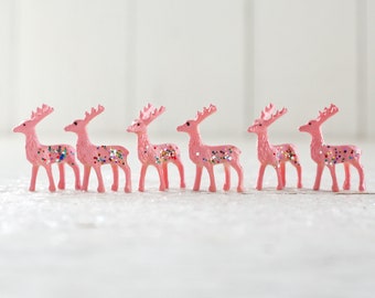 Miniature Pink Reindeer - 6 Tiny Plastic Deer with Vintage Glitter