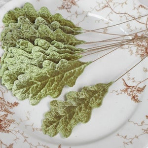 Velvet Oak Leaves - Moss Green Autumn Artificial Craft Leaf Stems, 10 Pcs.