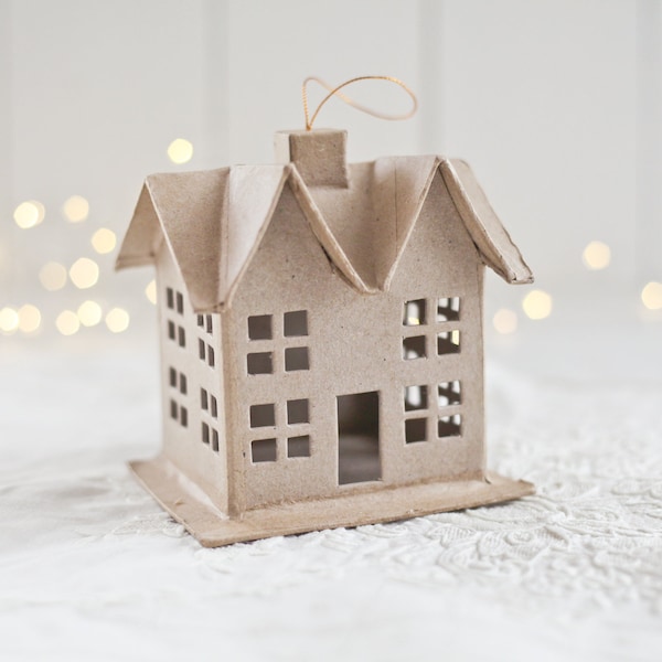 Paper Mache House Ornament - Hanging Cardboard Craft House