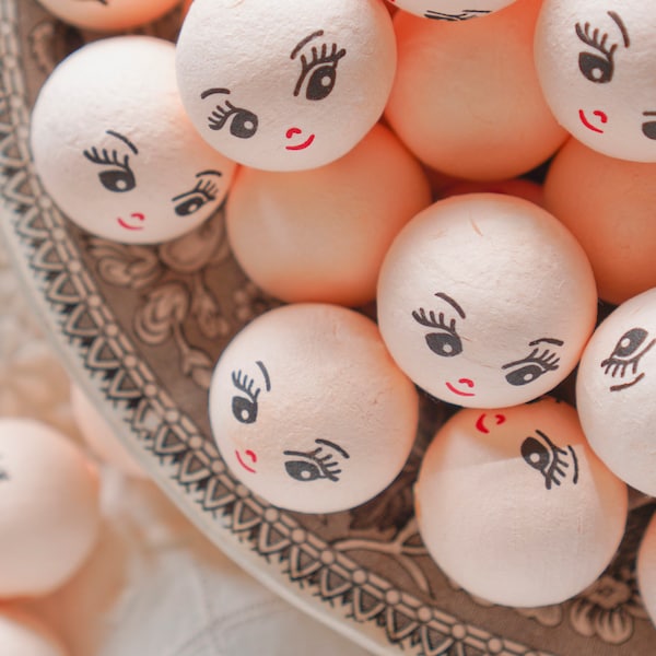 Cream Spun Cotton Heads: CHARM -  30mm Vintage-Style Cotton Doll Heads with Faces, 12 Pcs.