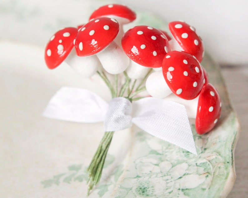Spun Cotton Mushrooms 18mm Red Fairy Tale Toadstools, 12 Pcs. image 1