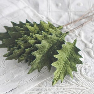 Velvet Holly Leaves - Vintage Style Christmas Craft Leaf Stems, 10 Pcs.