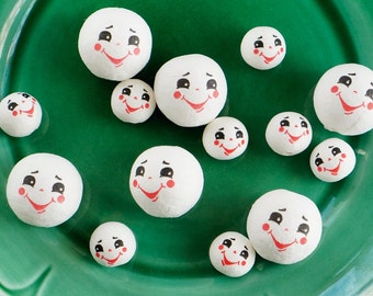 Spun Cotton Heads: FROSTY - Vintage-Style Jolly Snowman Heads with Faces, 12 Pcs.