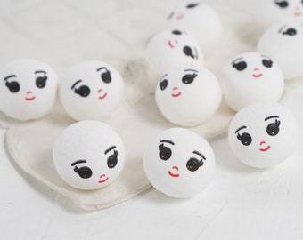 Spun Cotton Heads: DREAMER - 22mm White Doll Heads with Faces, 12 Pcs.