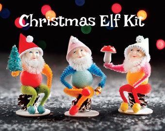 Christmas Elf Craft Kit - DIY Retro Spun Cotton and Pine Cone Elves