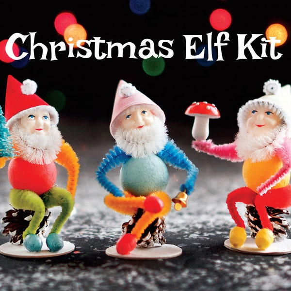 Christmas Elf Craft Kit - DIY Retro Spun Cotton and Pine Cone Elves