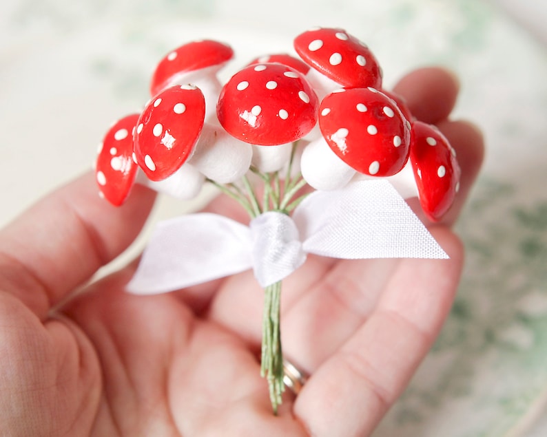 Spun Cotton Mushrooms 18mm Red Fairy Tale Toadstools, 12 Pcs. image 4