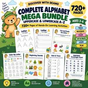 Pode incluir: Um pacote educativo digital intitulado Complete Alphabet Mega Bundle com mais de 720 páginas de atividades de aprendizagem de letras maiúsculas e minúsculas de A a Z, incluindo folhas para traçar, escrever, recortar, colar e colorir.