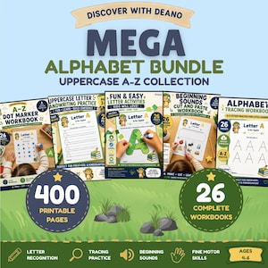 May include: A digital educational bundle titled Discover with Deano Mega Alphabet Bundle Uppercase A-Z Collection. It features five printable workbooks for children, including dot marker, handwriting, letter activities, cut and paste, and tracing exercises.