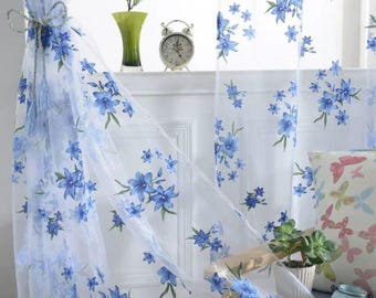 2 Pannel Blue Tulle Curtain Pastoral Style Floral Pattern Curtain For Bedroom Living Room Rod Pocket , room curtain, home decoration, Bead