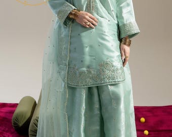 Embroidered Lama Silk 3 Piece Suit, silk dress, indian dress, cottagecore dress, modest dress, sheer dress, fantasy dress, victorian dress