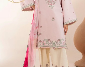 Embroidered Cotton Lawn Suit Set, indian dress, cottagecore dress, salwar kameez, wedding guest dress, gift for her, white dress