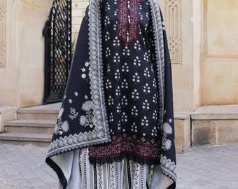 Black Embroidered Khaddar 3 Piece Suit, Women dress, Pakistani Wedding Suit, Embroidered Dress, Party Wear Shalwar Kameez, indian dress