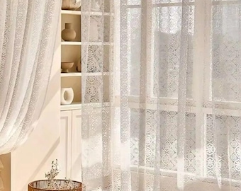 2pcs white lace embroidered mesh knitted sheer curtains in a French retro romantic style, lace beaded curtain, wedding room, dining room