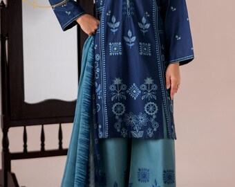 Embroidered Cotton Lawn 3pc digital Printed Chiffon Dupatta, wedding dress gift, indian dress, short wedding dress, womens clothing