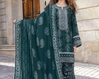Green Embroidered Khaddar 3 Piece Suit | wedding dress | Dress for women | indian dress | winter outfit | gift for her | salwar kameez