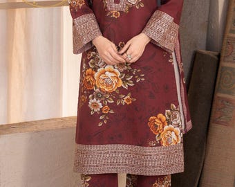 Embroidered Khaddar, Long Kurta Fabric, Printed Trouser Herringbone Shawl, Winter Wear, women dress, ethnic outfit, party dress, desi outfit