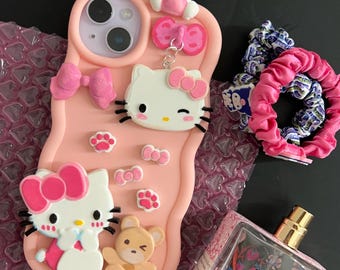 Estuche para teléfono de resina hecho a mano con diseño de gatito con lazo