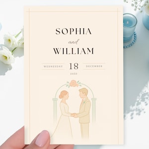Plantilla de invitación de boda, ilustraciones dibujadas a mano, celebración romántica, diseño moderno y atemporal para descargar e imprimir.