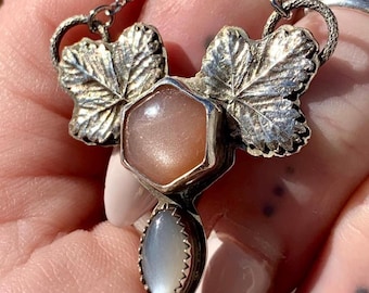 Handmade Peach and Silver Moonstone Pendant: Sterling Silver Botanical Necklace - Fruitful Harvest