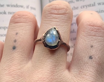 Handmade Copper Rainbow Moonstone Ring: Electroformed Jewelry - READY TO SHIP!