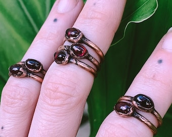 Handmade Copper Garnet Midi Ring: Electroformed Knuckle Jewelry - READY TO SHIP!