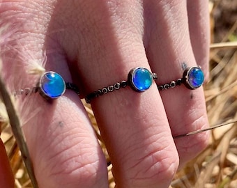 Handmade 925 Sterling Silver Stacking Ring with Rainbow Aura Quartz - A Star in the Darkness