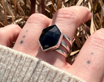 Faceted Black Spinel Hexagon Ring – Sterling Silver Statement Band (Made to Order)