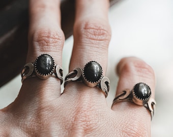 Sterling Silver Crescent Moon Ring: Silver Sheen Obsidian, Celestial Jewelry - MADE TO ORDER