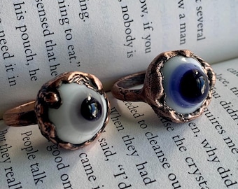 Handblown Glass Eyeball Ring: Electroformed Copper, Goblincore Jewelry - READY TO SHIP!