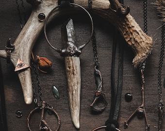 Hand Carved Antler Skull Pendant: Ruby Eyes, Smoky Quartz, Copper Electroformed - READY TO SHIP!