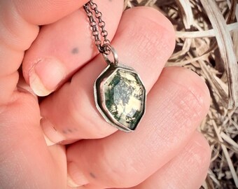 Handmade Moss Agate Shield Pendant: Sterling Silver One of a Kind Artisan Jewelry