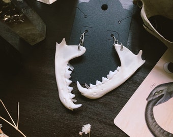 Jaw Bone Earrings with Quartz Crystal Teeth - Marten Jaws - Druid Jewelry - Ranger - OOAK & Ready to ship