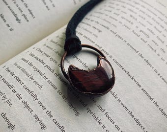 Red Tiger's Eye Moon Pendant – Electroformed Copper, Buckskin Strap