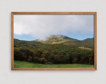 May include: A photograph of a mountain range with a cloudy peak. The mountain is covered in green trees and bushes. The sky is blue and there are white clouds in the sky.